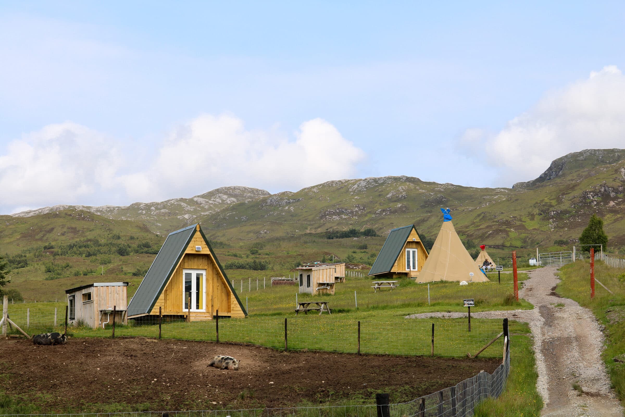 Cabins and tipi at Sterlochy Croft under Highland skies